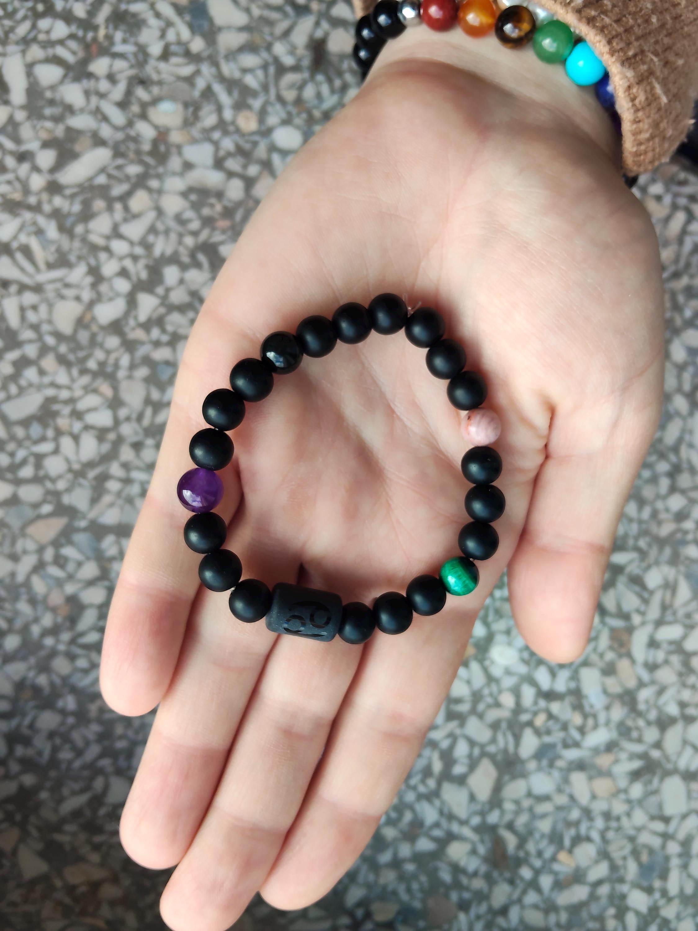 Zodiac black agate Cancer bracelet with genuine mineral crystal stone beads for daily wear and shadow work!