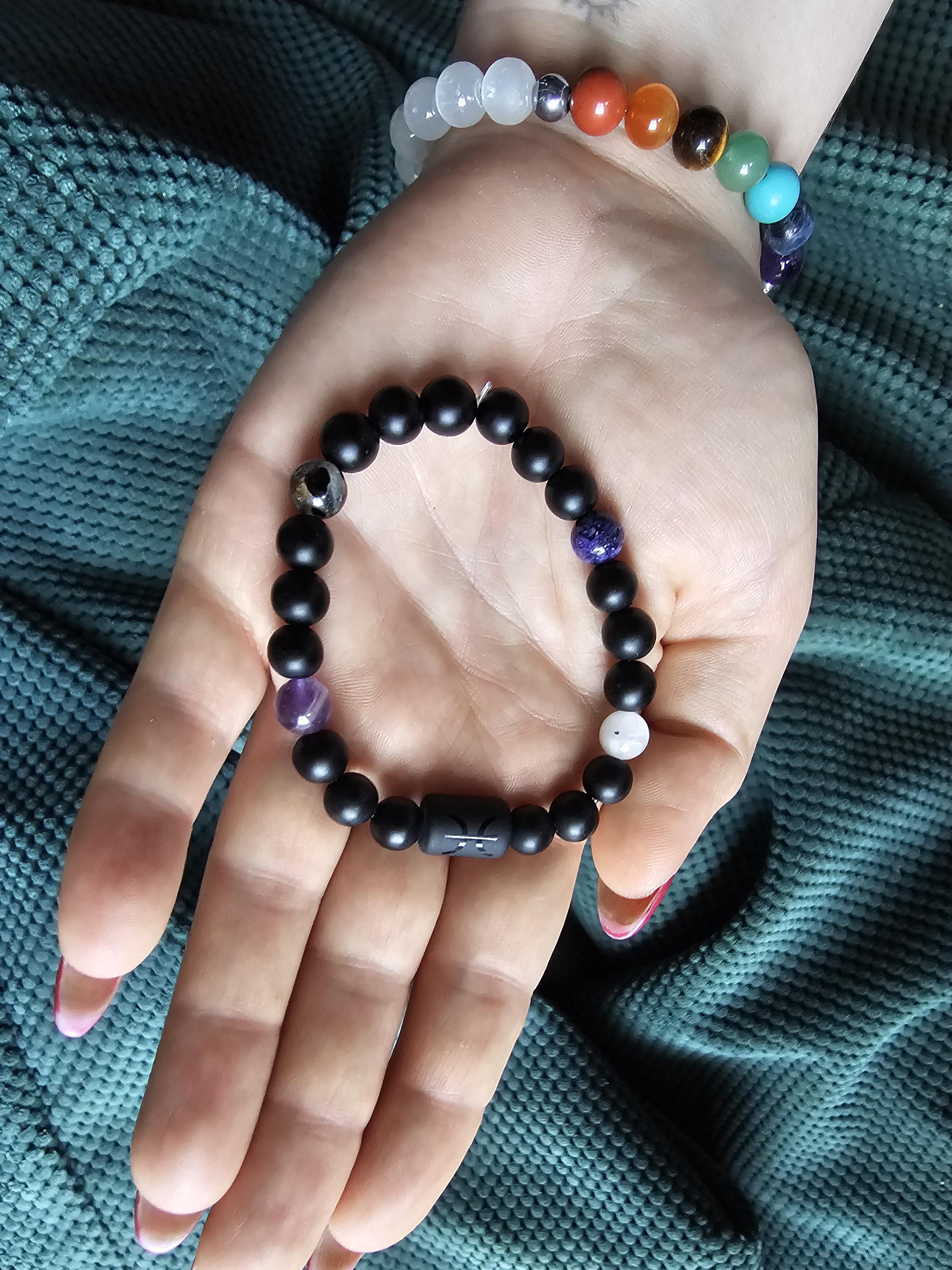Zodiac black agate Pisces bracelet with genuine mineral crystal stone beads for daily wear and shadow work!