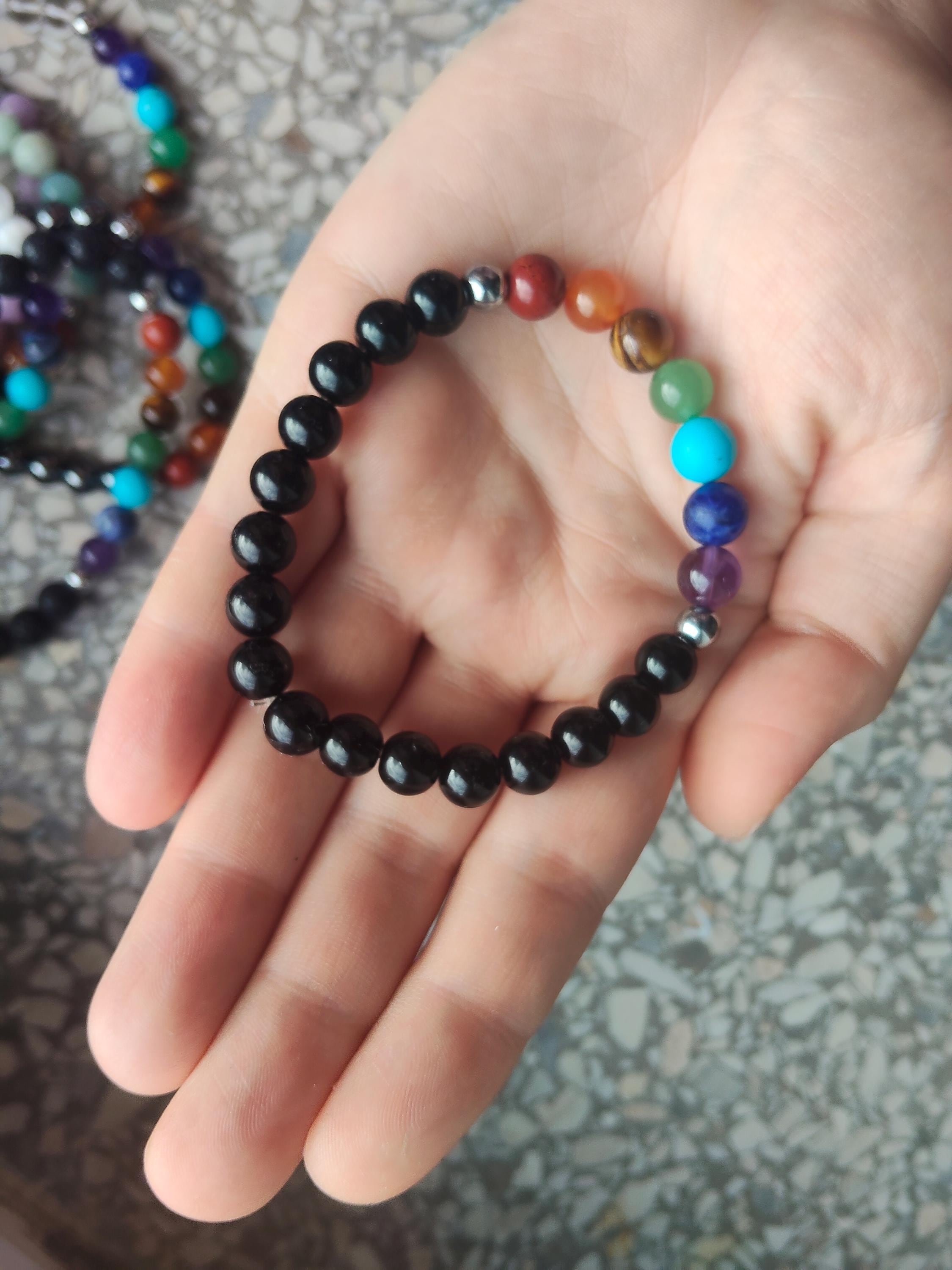 Colorful chakra black obsidian bracelet with genuine mineral crystal stone beads rainbow peace