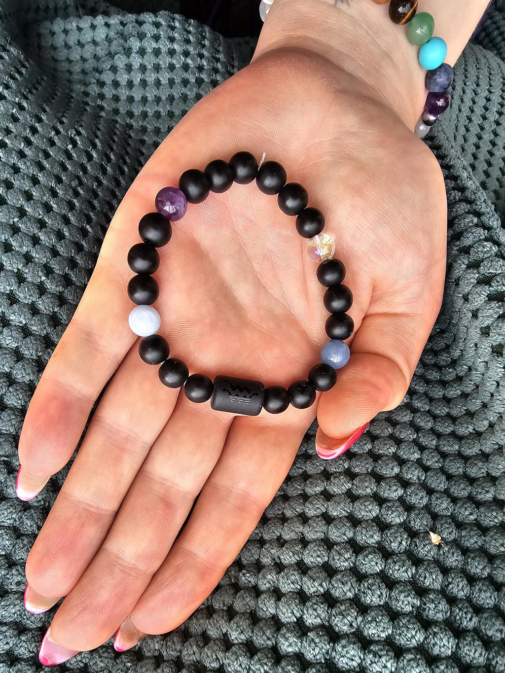 Zodiac black agate Aquarius bracelet with genuine mineral crystal stone beads for daily wear and shadow work!