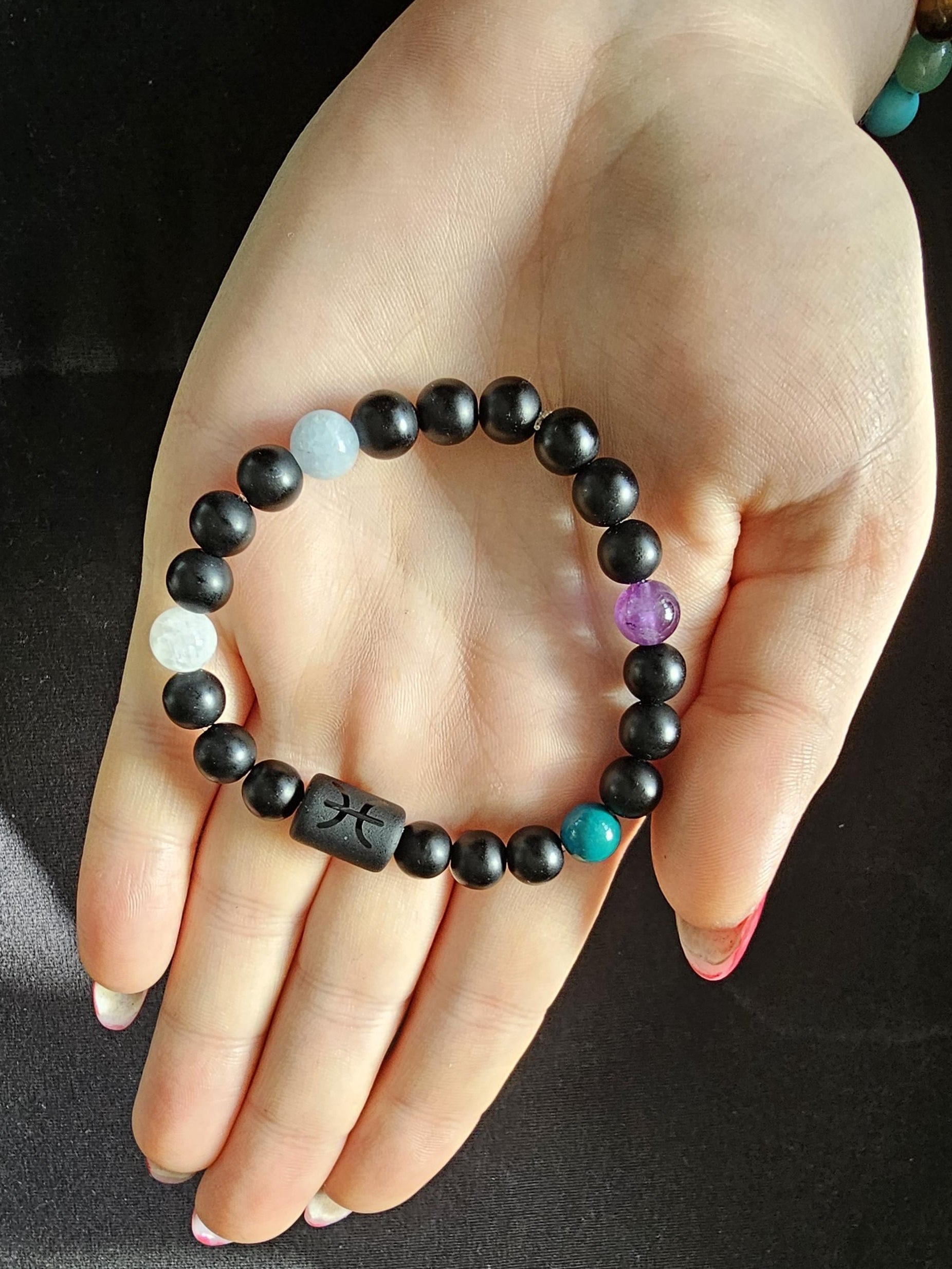 Zodiac black agate Pisces bracelet with genuine mineral crystal stone beads for daily wear and shadow work!