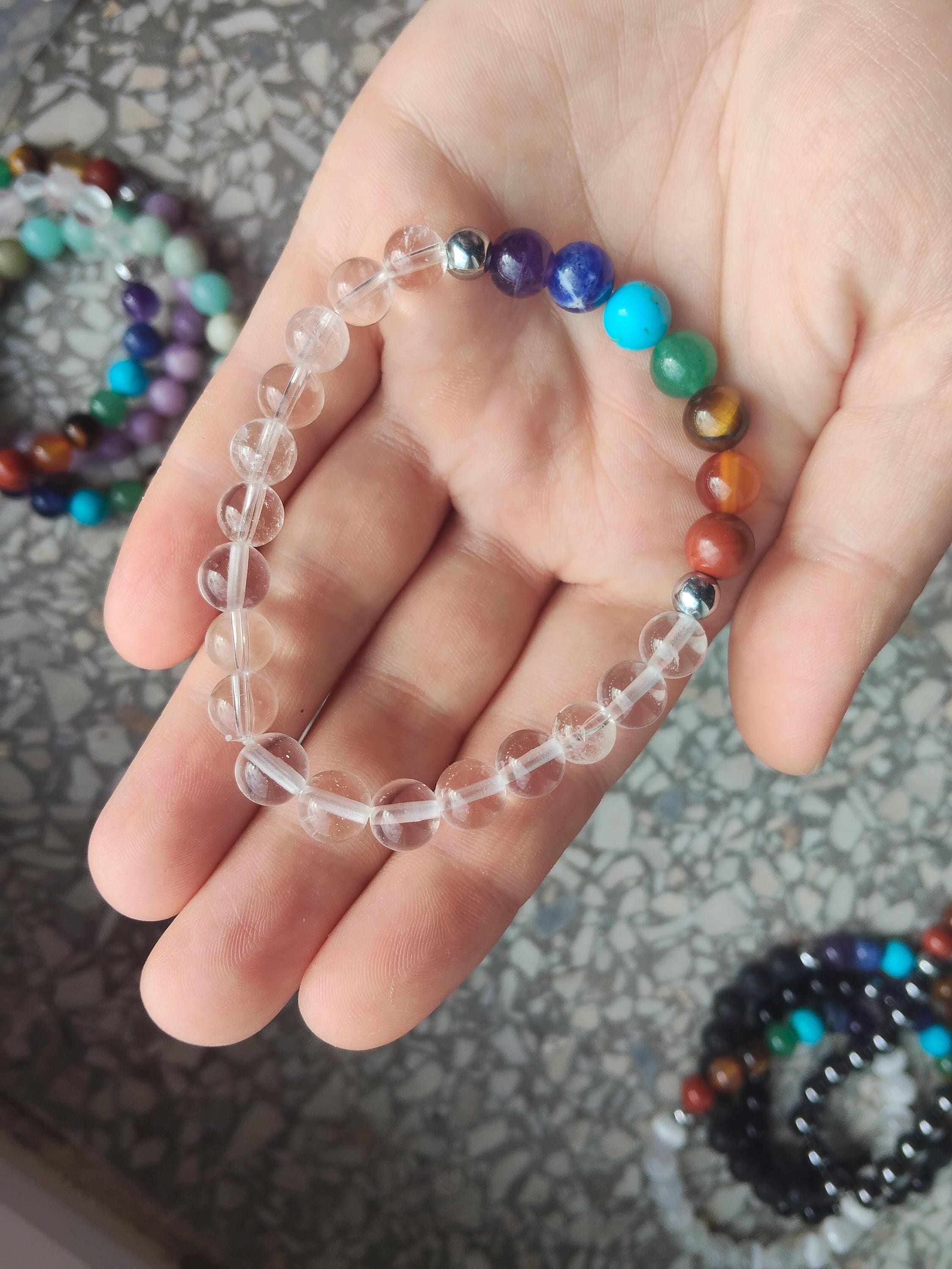Colorful chakra clear quartz master healer bracelet with genuine mineral crystal stone beads rainbow peace