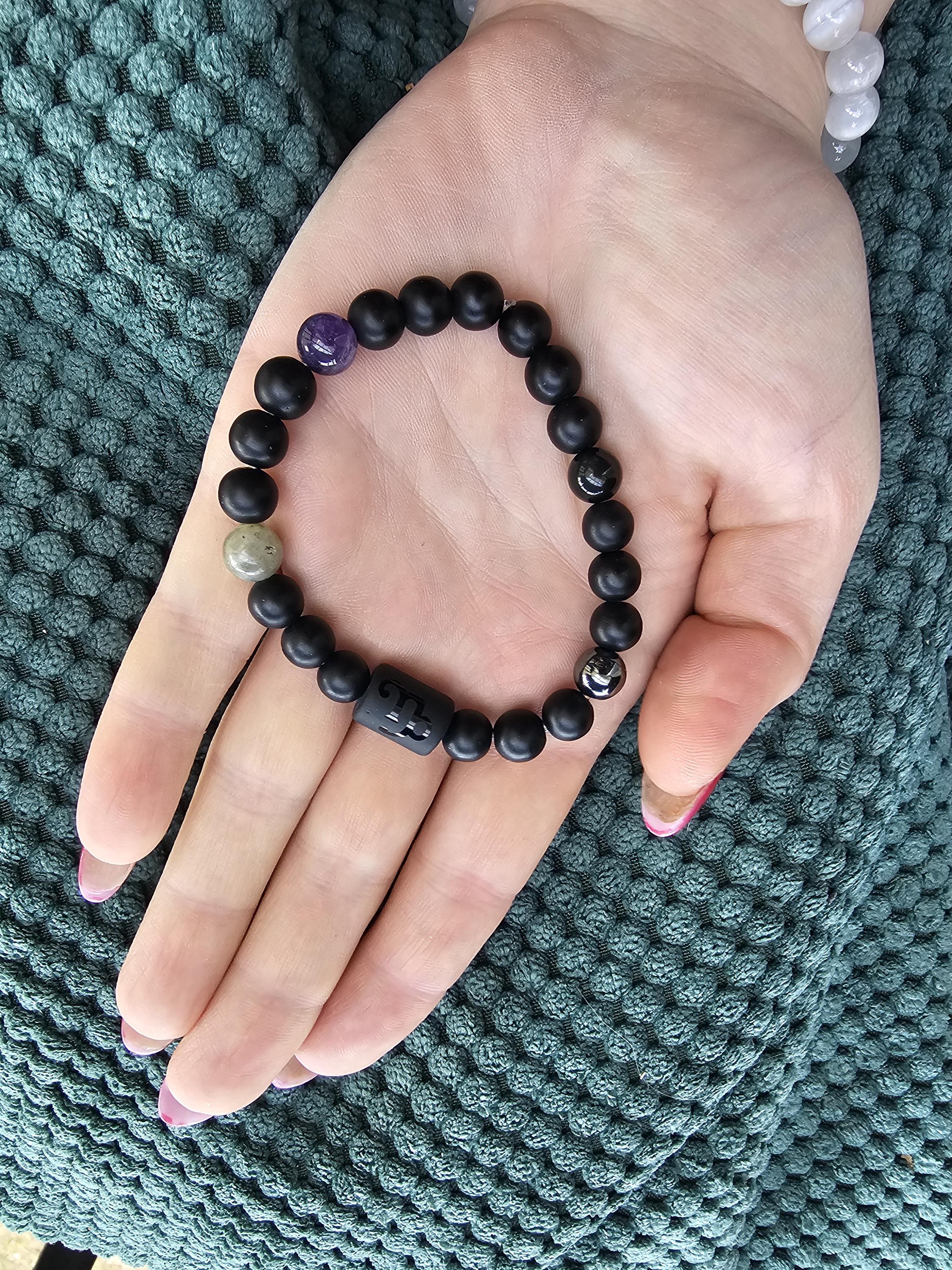 Zodiac black agate Capricorn bracelet with genuine mineral crystal stone beads for daily wear and shadow work!