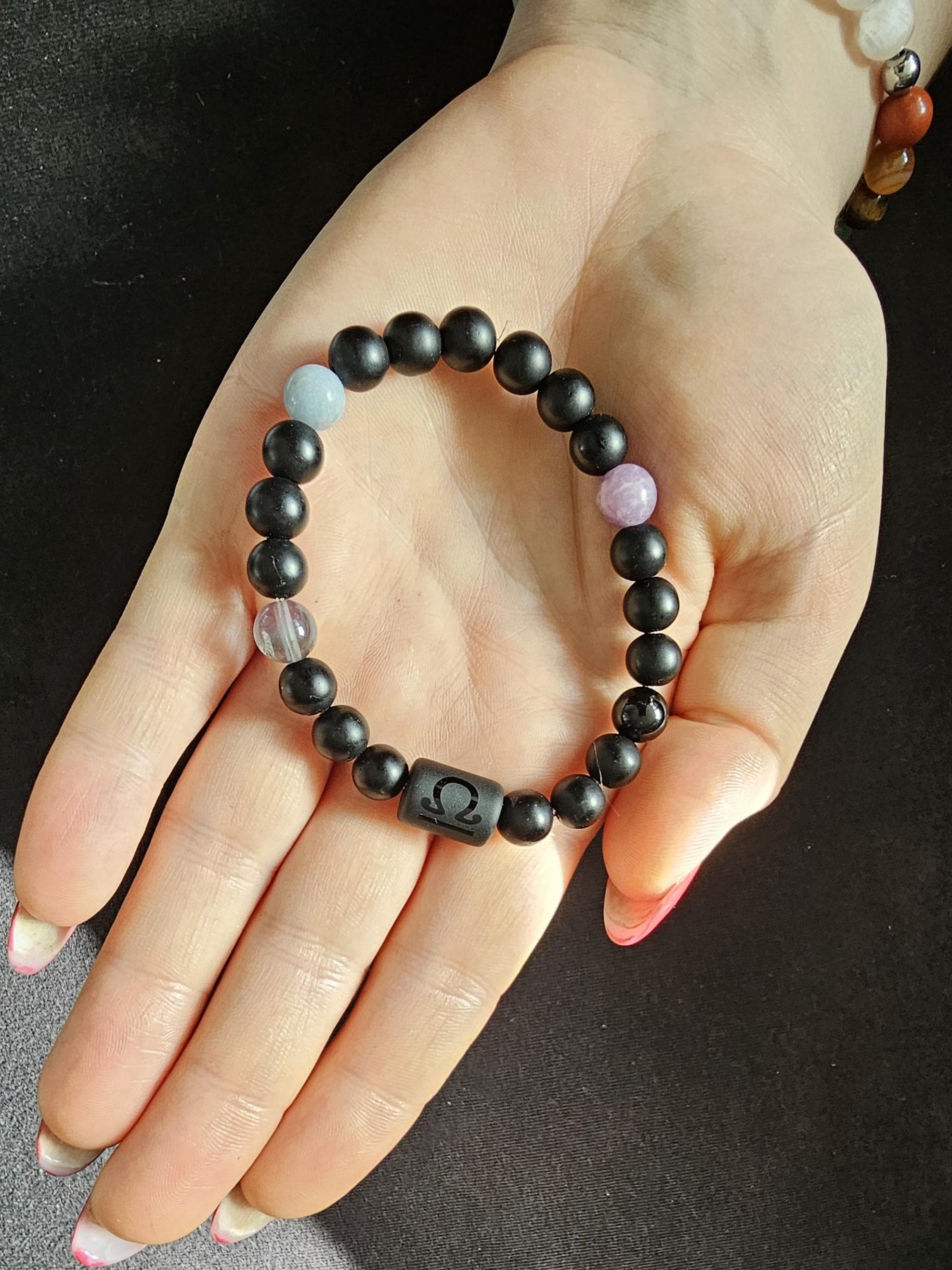 Zodiac black agate Libra bracelet with genuine mineral crystal stone beads for daily wear and shadow work!