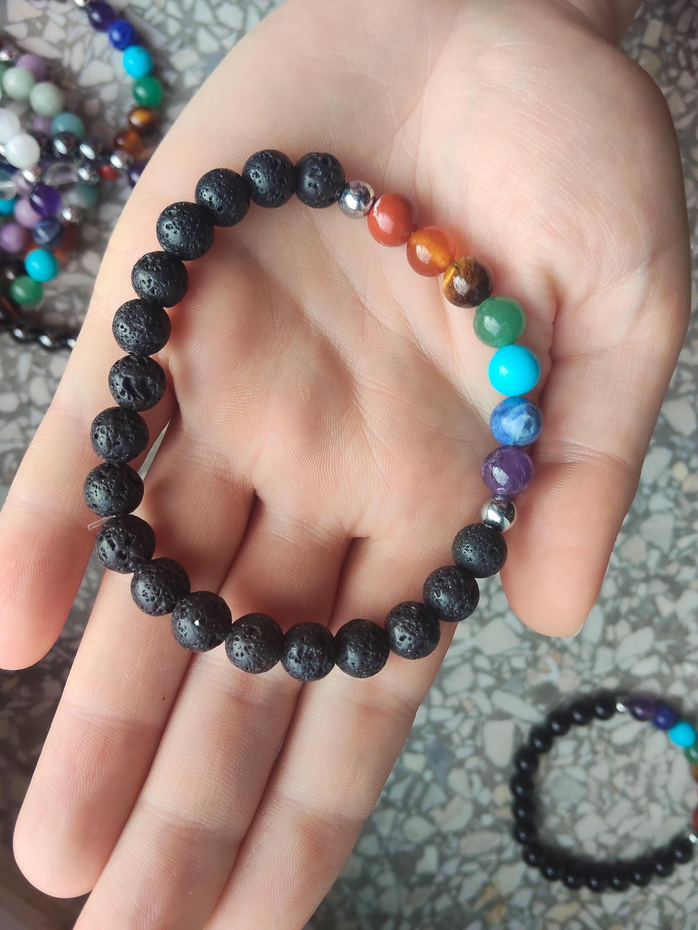 Colorful natural black lava and chakra bracelet with genuine mineral crystal stone beads rainbow peace