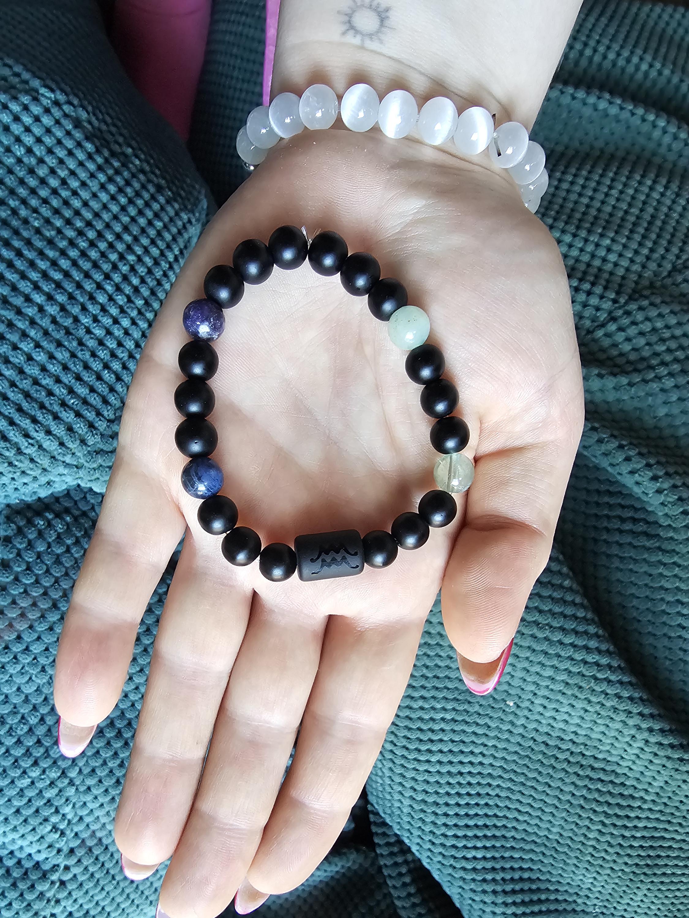 Zodiac black agate Aquarius bracelet with genuine mineral crystal stone beads for daily wear and shadow work!