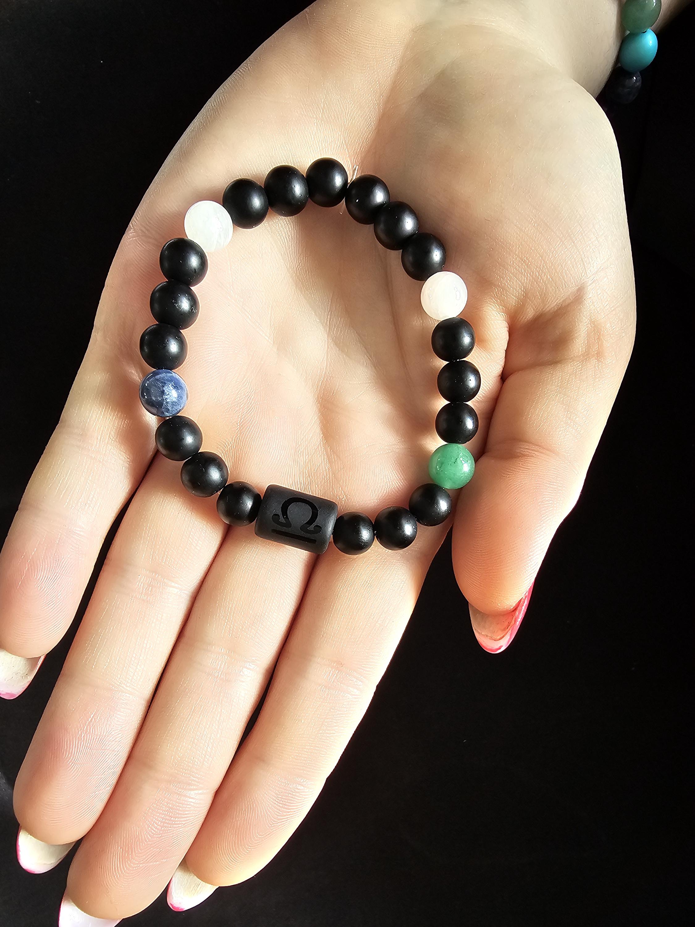 Zodiac black agate Libra bracelet with genuine mineral crystal stone beads for daily wear and shadow work!