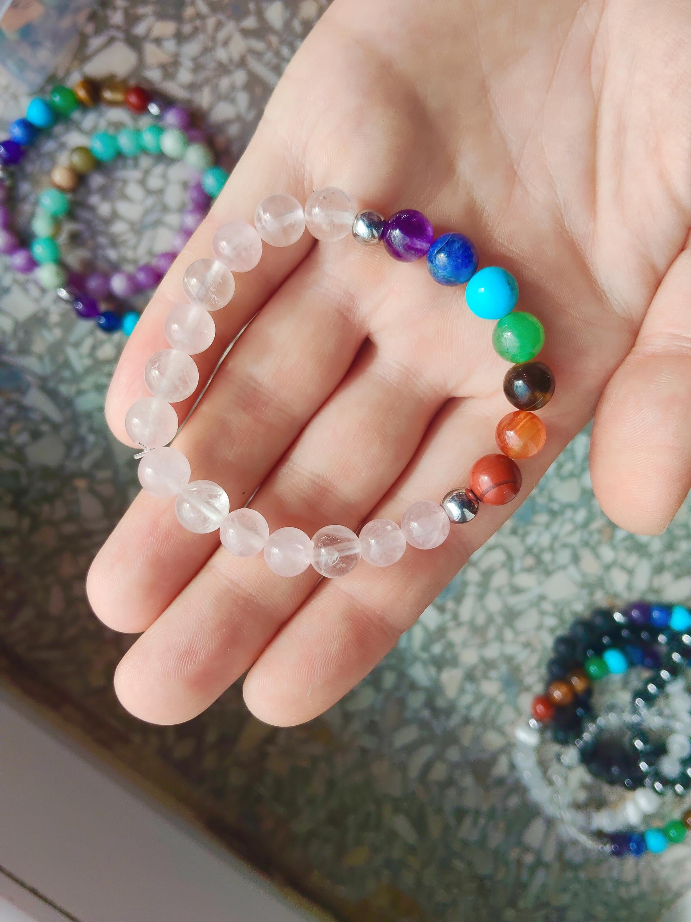 Colorful chakra pink quartz bracelet with genuine mineral crystal stone beads rainbow peace