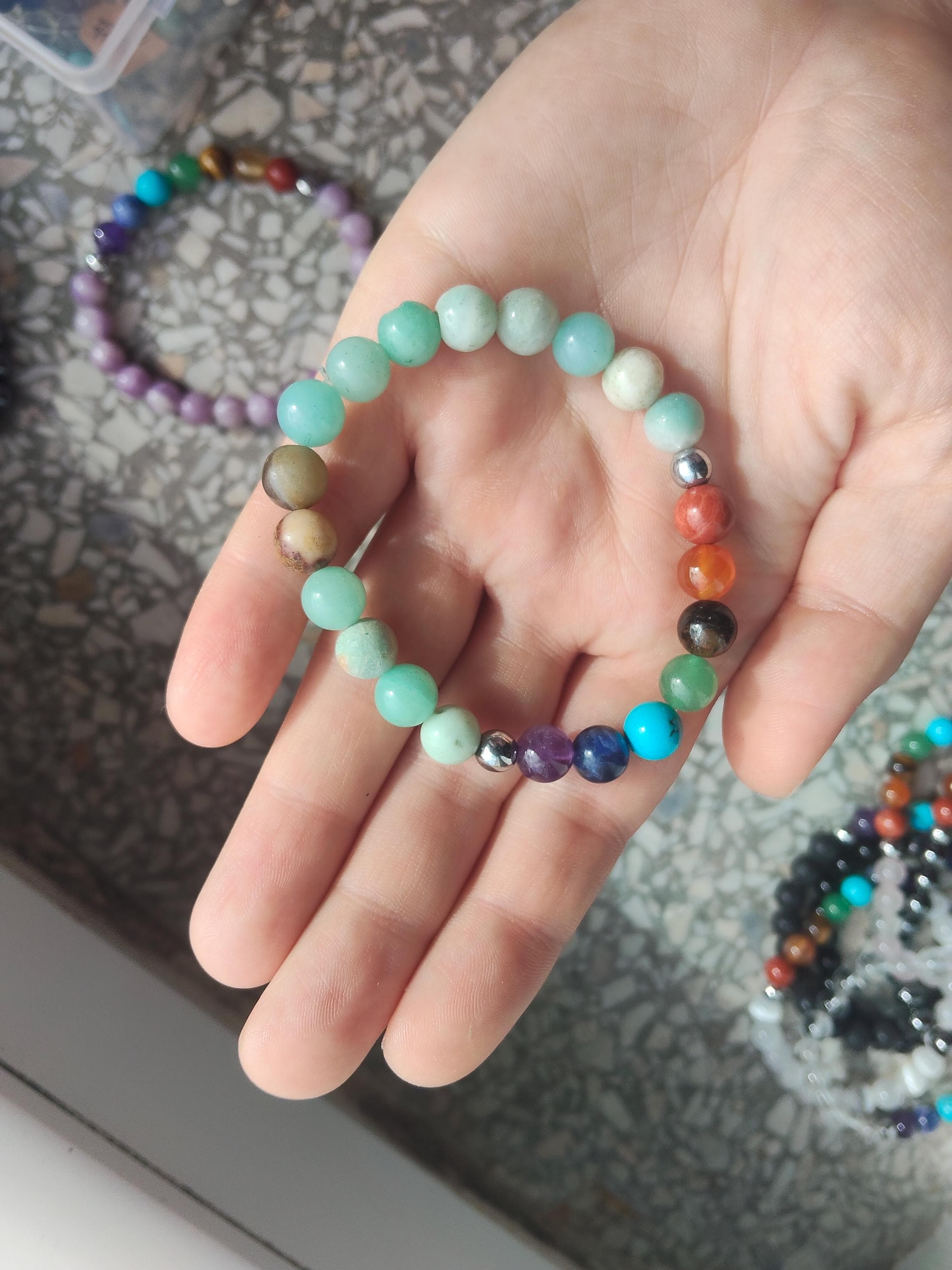 Colorful chakra amazonite bracelet with genuine mineral crystal stone beads rainbow peace