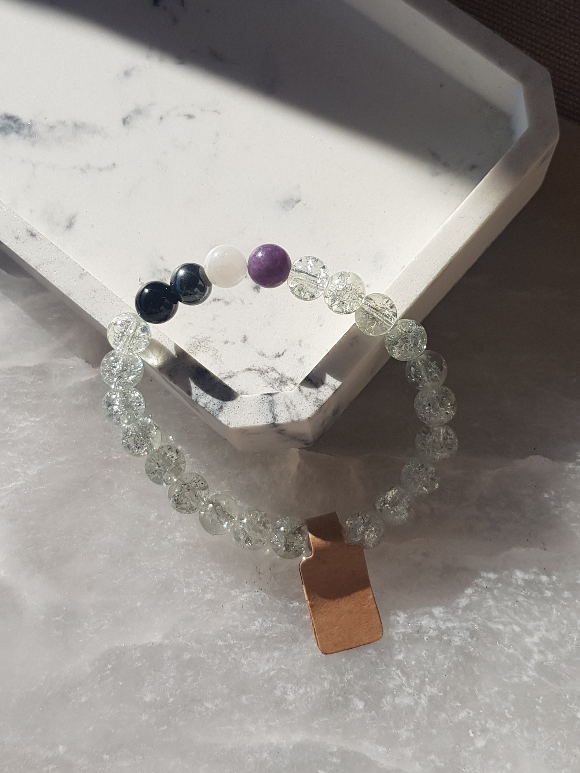 Pride asexual subtle crystal bracelet crackle glass and minerals 8 mm beads aromantic greysexual aceflux demisexual genuine